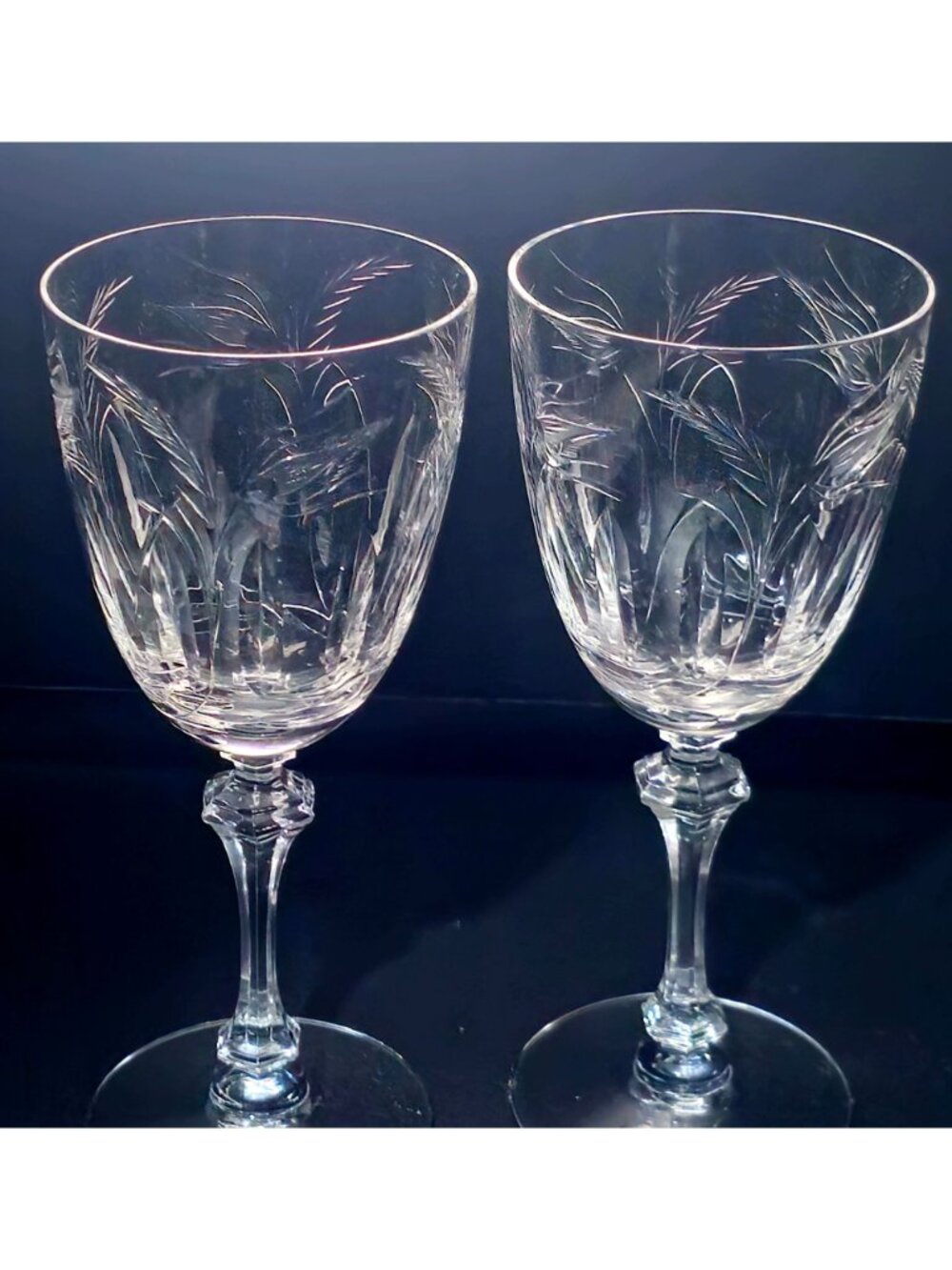 2 Tiffin Franciscan Moss Ross Water Goblets Etched Crystal Wine Glasses rare 60s - Picture 7 of 7